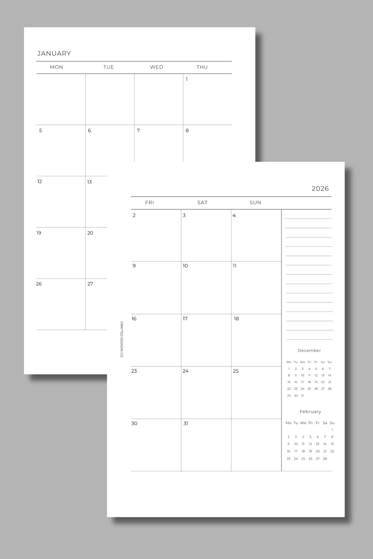 2026 Dated Monthly Calendar (w/Notes)