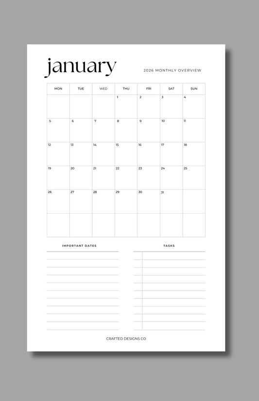 2026 Monthly Overview Calendar