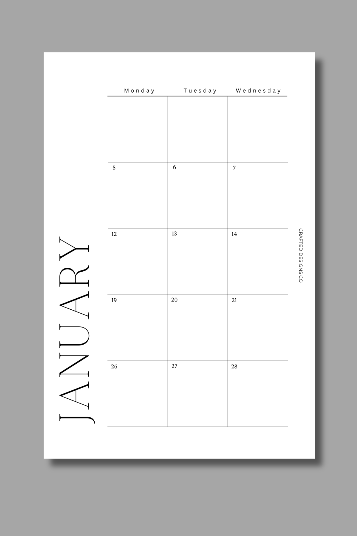 2026 Dated Monthly Insert Monday Start