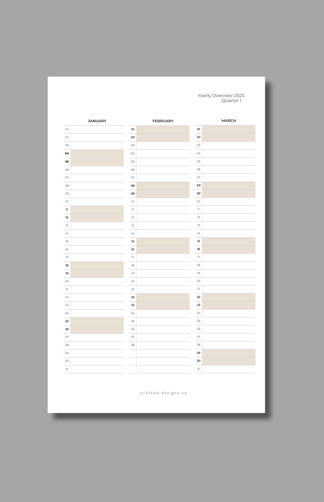 2025 Vertical Yearly Overview Calendar